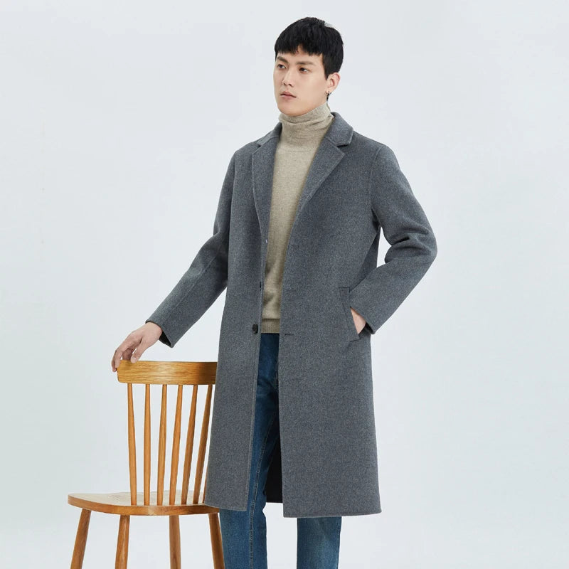 2026 Autumn/Winter New Men's Premium All-Wool Mid-Length Double-Faced Casual Trench Coat, Wool Overcoat