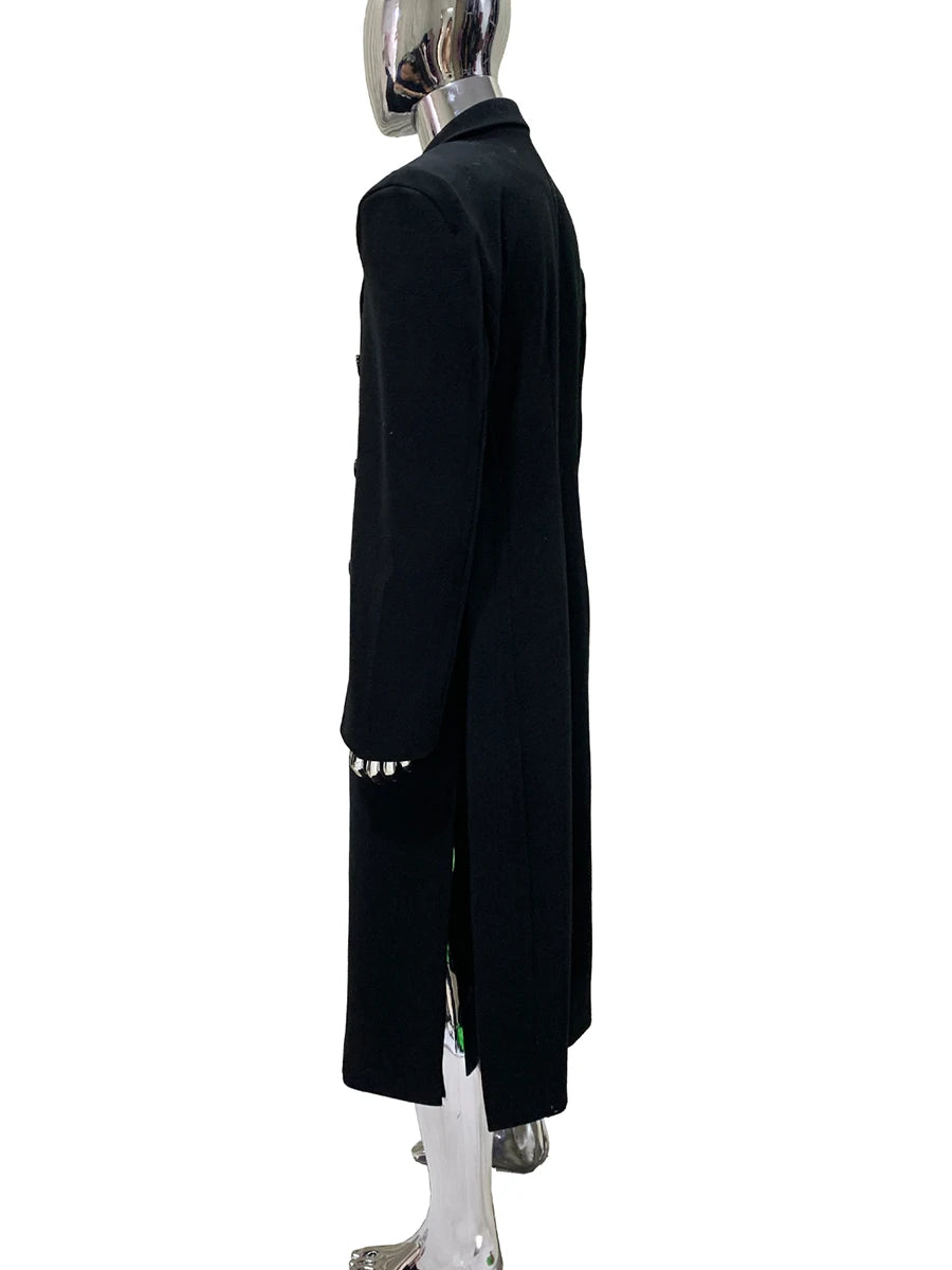 Autumn Winter Long Warm Thick Fitted Black Wool Blends Coat Men with Double Side Slit Shoulder Pads Luxury Woolen Overcoat 2025