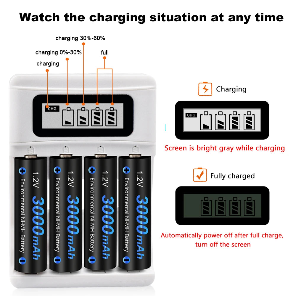 CITYORK 4–16 Stück 1,2-V-AA-NiMH-Akkus, 3000 mAh, AA HR6 Ni-MH-Batterien mit LCD-Ladegerät für 1,2-V-AA-/AAA-Akkus