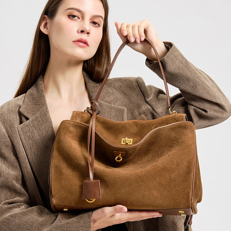 Suede Bags Women Genuine Leather Handbag Winter Luxury Brand Woman Shoulder Bag Totes Gold Buckle Large Capacity Female Bags