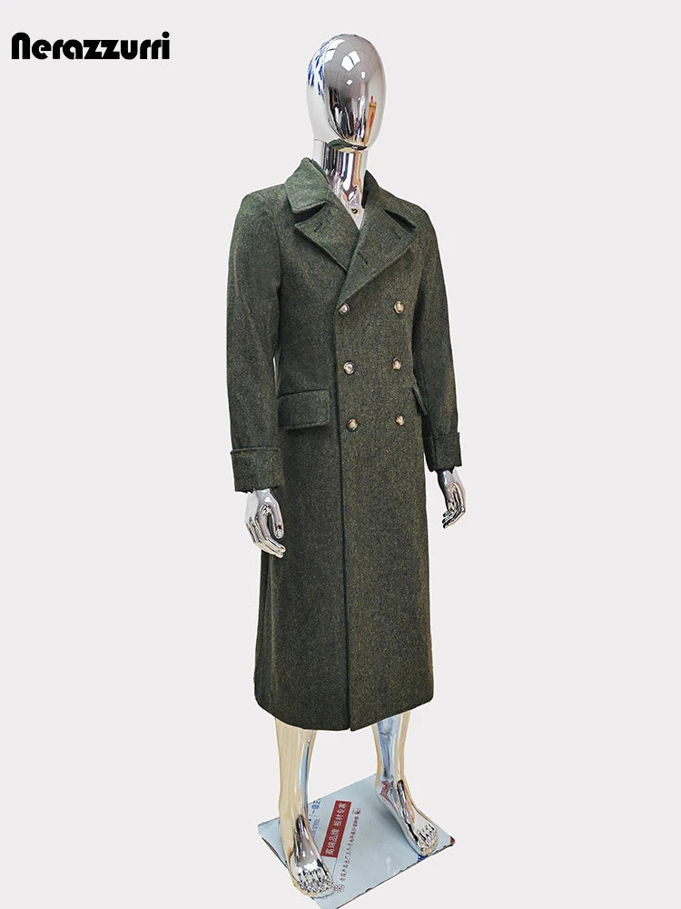 Nerazzurri Autumn Winter Long Luxury Elegant Chic Thick Warm Woolen Polo Coat for Men Double Breasted Wool & Blends Overcoat