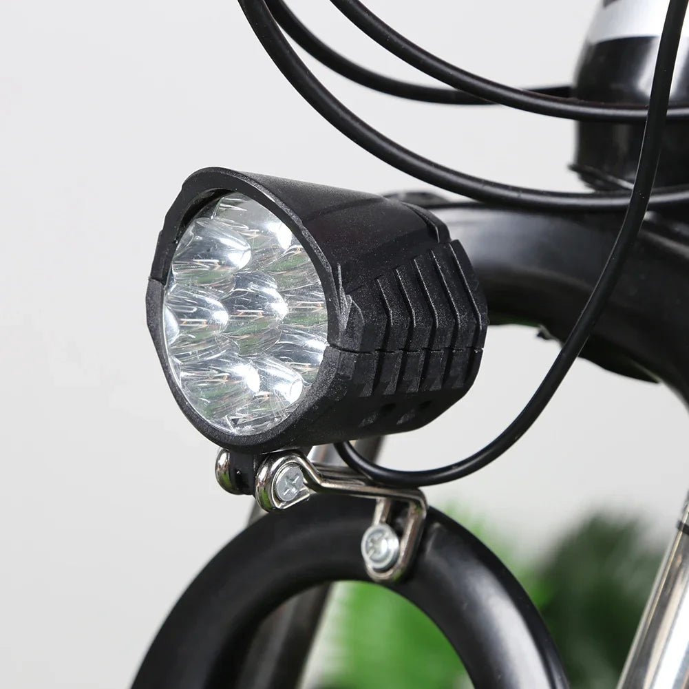 Faro delantero para bicicleta eléctrica 36V 48V 60V, 9 LED, 18W, 2 en 1 con bocina y luz, interruptor para patinete, luz de seguridad para bicicleta