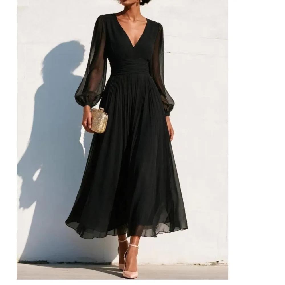 Damen-Midikleid mit langen Ärmeln und V-Ausschnitt