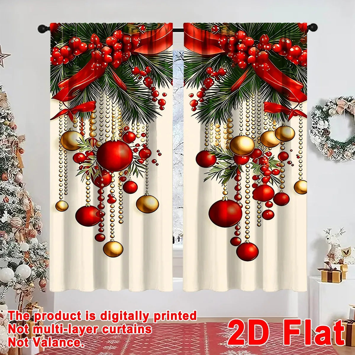 2pcs Festive Christmas Curtains, 60*150cm Polyester Curtains Xmas Baubles Ribbon Patterns Window Drapes for Home Holiday Decor