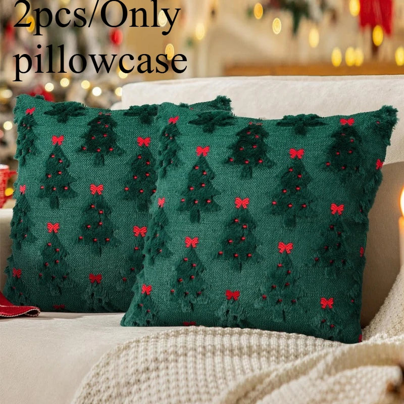 1/2 housses de coussin brodées à nœud de Noël, motif sapin en flanelle de polyester, coussin de canapé, décoration de fête, housse uniquement