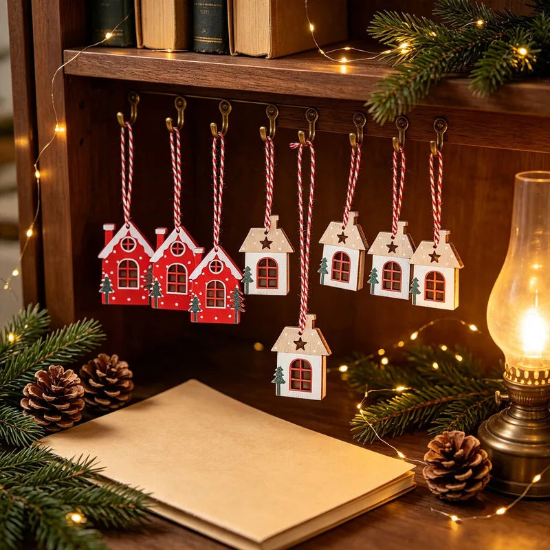 8Pcs Mini Christmas Wooden House Ornaments Red White Xmas Tree Hanging Pendants Decorations for Home Holiday Party Decor Gift