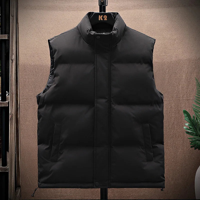 Autumn Winter Men's Warm Sleeveless Coat Stand Collar Windproof Male Fashion Waistcoat Solid Color Simple Style Streetwear