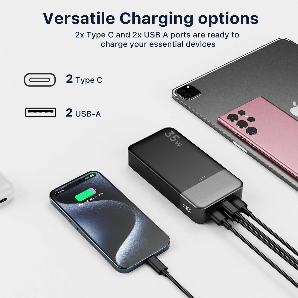 Batterie externe JUOVI 20 000 mAh, chargeur portable 35 W PD 3.0 QC 4.0 à charge rapide avec écran LED, batterie de voyage pour téléphone