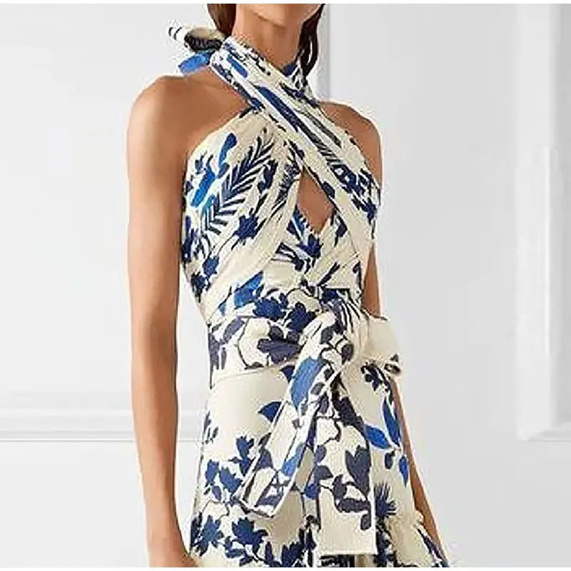 Abito lungo da sera in chiffon stampato con orlo a strati