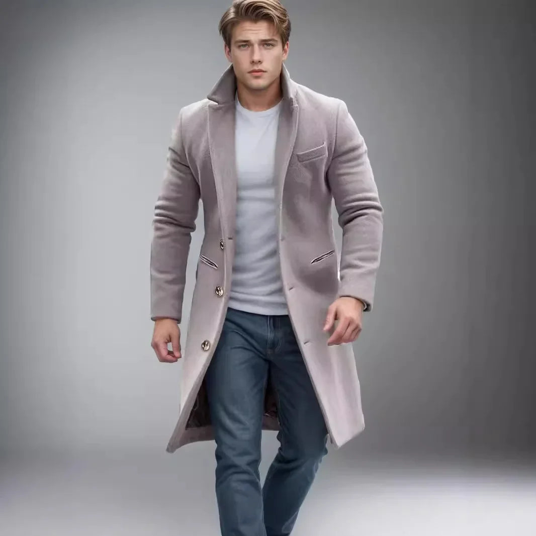 Elegant Men's Casual Windbreaker Coat for Autumn and Winter, Solid Color Button, Long-sleeved, Mid-to-long Style Coat S-XXXL