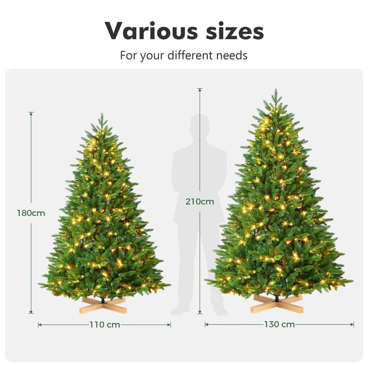 PVC+PE Artificial Christmas Tree 180/210cm, 940/1209 Branch Tips, 300/400 Warm White LEDs, Realistic 3D PE+PVC Fir Tree with Wooden Stand, Indoor Xmas Decoration