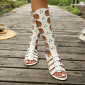 Sandalias gladiadoras hasta la rodilla para mujer con aberturas, punta abierta, múltiples tiras, tachuelas metálicas, suela plana y cremallera trasera, estilo romano vintage para mujer