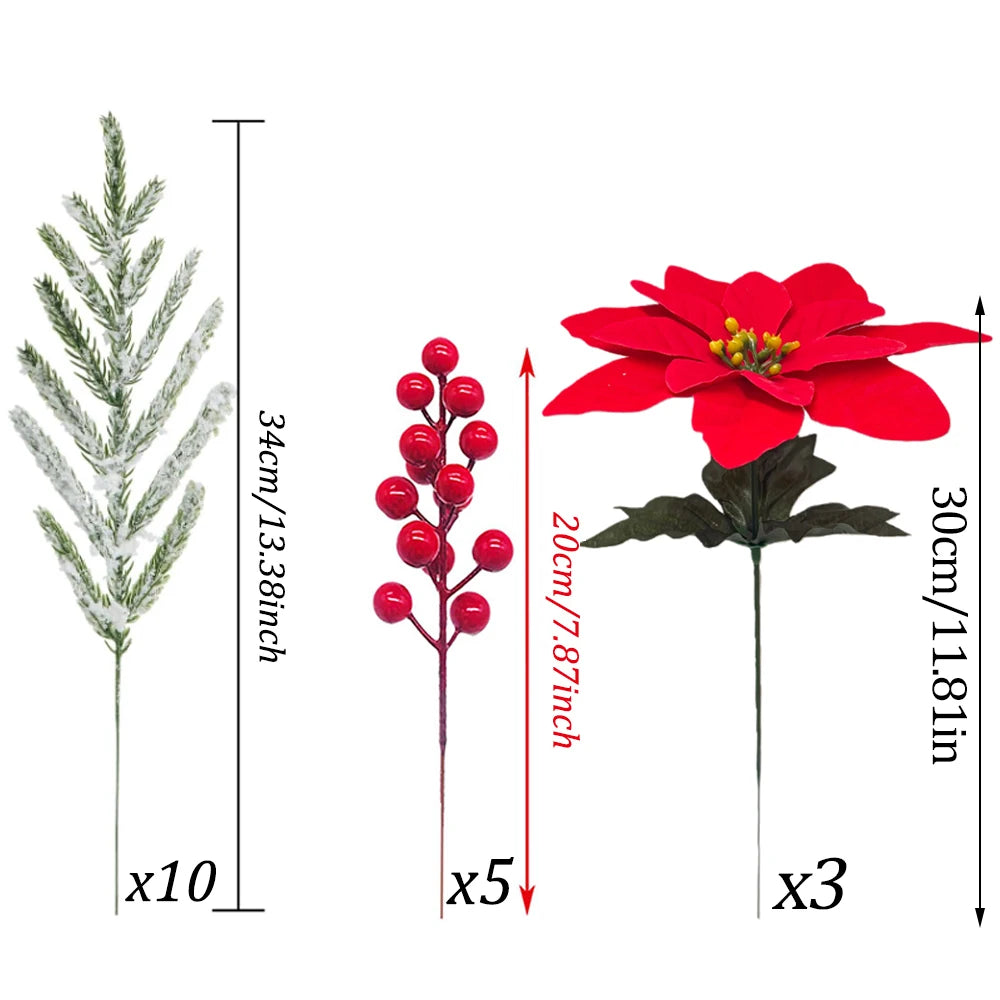 Decoraciones navideñas DIY 18 piezas Agujas de pino artificiales Bayas rojas Flores de flor de Pascua para Fiesta en casa Decoración de corona para Festival de invierno