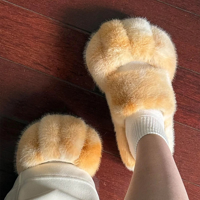 Kawaii-Haustier-Katzenpfoten-Hausschuhe, modische flauschige Kunstfell-Hausschuhe für Damen, bequeme flache Katzenslipper, warme Plüschhausschuhe für zu Hause