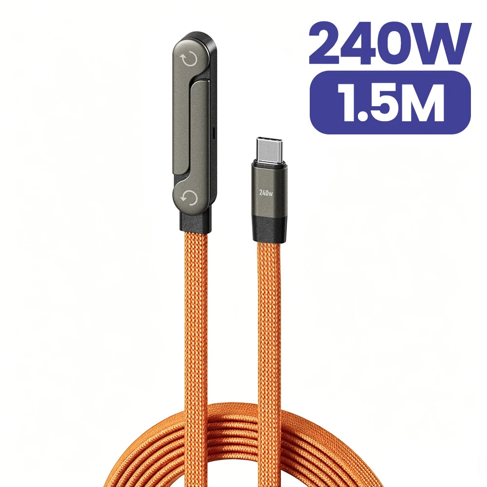240W 2-in-1 Type-C to USB-C Fast Charging Data Cable with Foldable Phone Holder, Type-C Fast Charging Cable for iPhone 17, Black/Orange