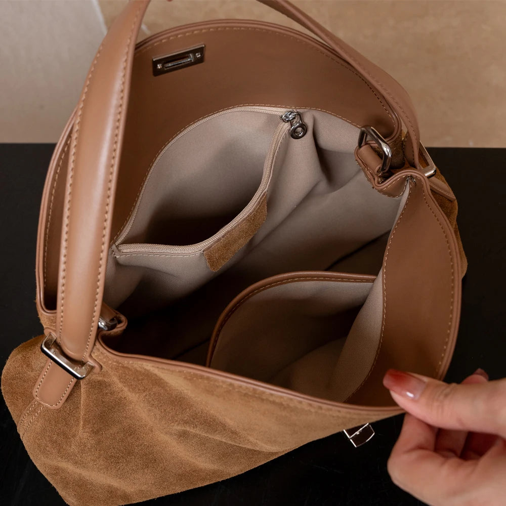 Women Genuine Suede Leather Hobo Bag Vintage Flap Underarm Shoulder Handbag Female Crossbody Large Capacity Commuter Purse Bags