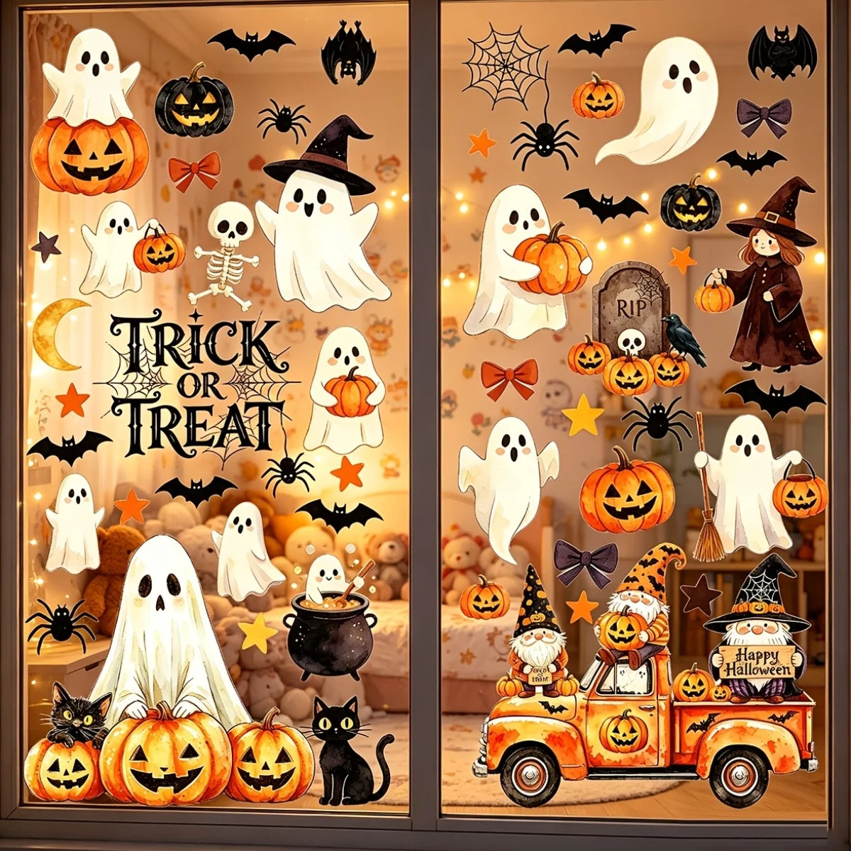 Adhesivos para ventanas de Halloween, decoraciones de Halloween, pegatinas decorativas de otoño para interiores | 6 hojas de adhesivos grandes para ventanas con fantasmas y calabazas