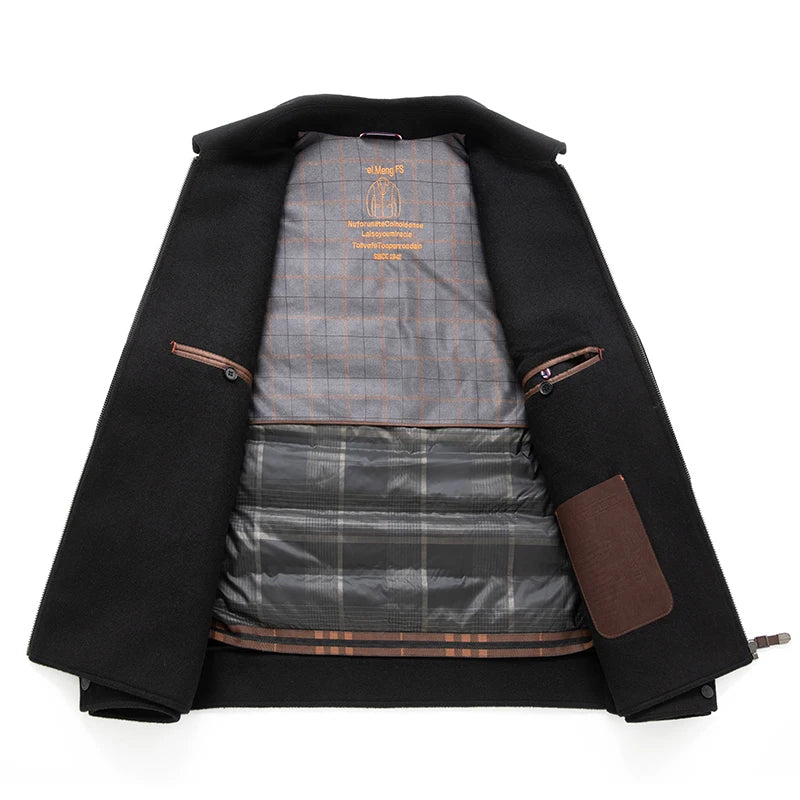 Classic 100% Wool Detachable Duck Down Liner Zipper Woolen Coats 2025 Winter Business Casual Solid Warm Windproof Puffer Jackets
