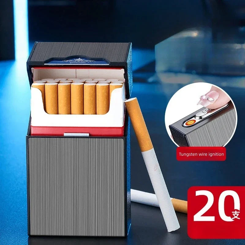 20-Cigarette Capacity Case with Tungsten-Wire Igniter, USB-Rechargeable Lighter, Waterproof and Moisture-Resistant Outdoor Electronic Lighter Gadget