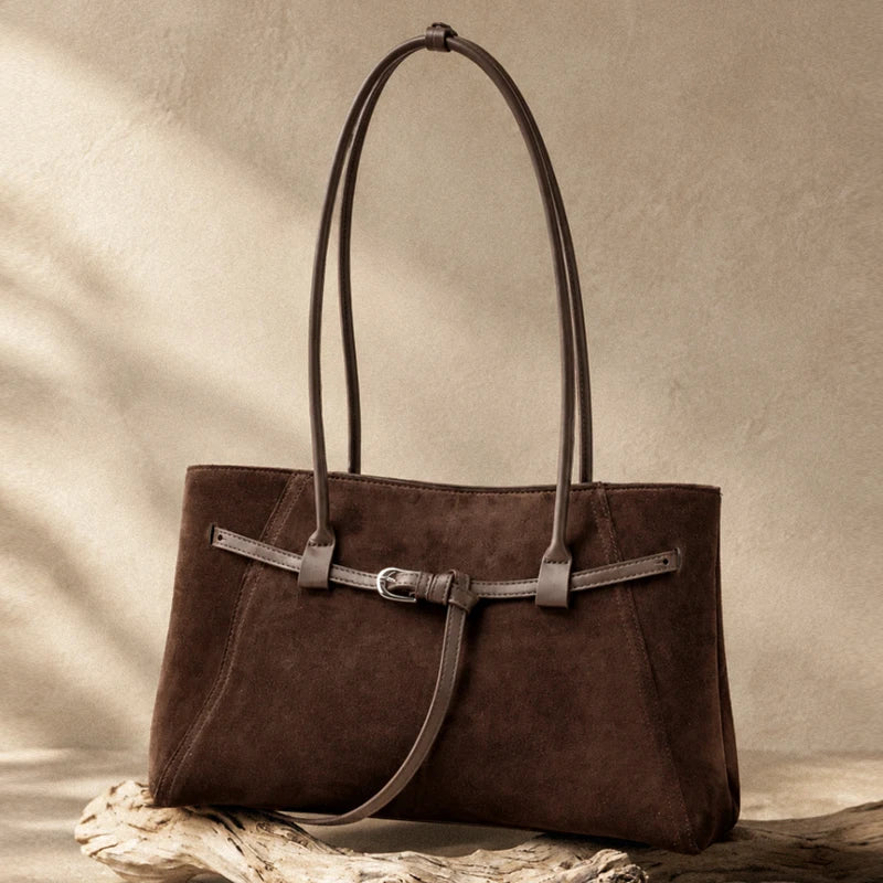 Matte Suede Women's Bag 2026 Luxury Brand Cow Leather Tote Handbags Large Capacity Commuter Shopper Soft Cowhide Underarm Bags