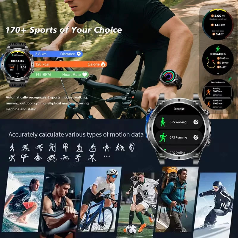 New T-RX 4 Military GPS Smartwatch Men 6 Satellite Precise Positioning 10ATM Waterproof HD Call 170+Sports Modes LED Flashlight