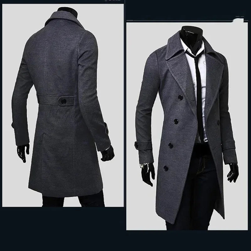 Mens Double Breasted Trench Coat Wool Blend 2026 Autumn Winter Solid Casual Slim Fit Long Jacket Wool Coat Fashion Mens Clothing