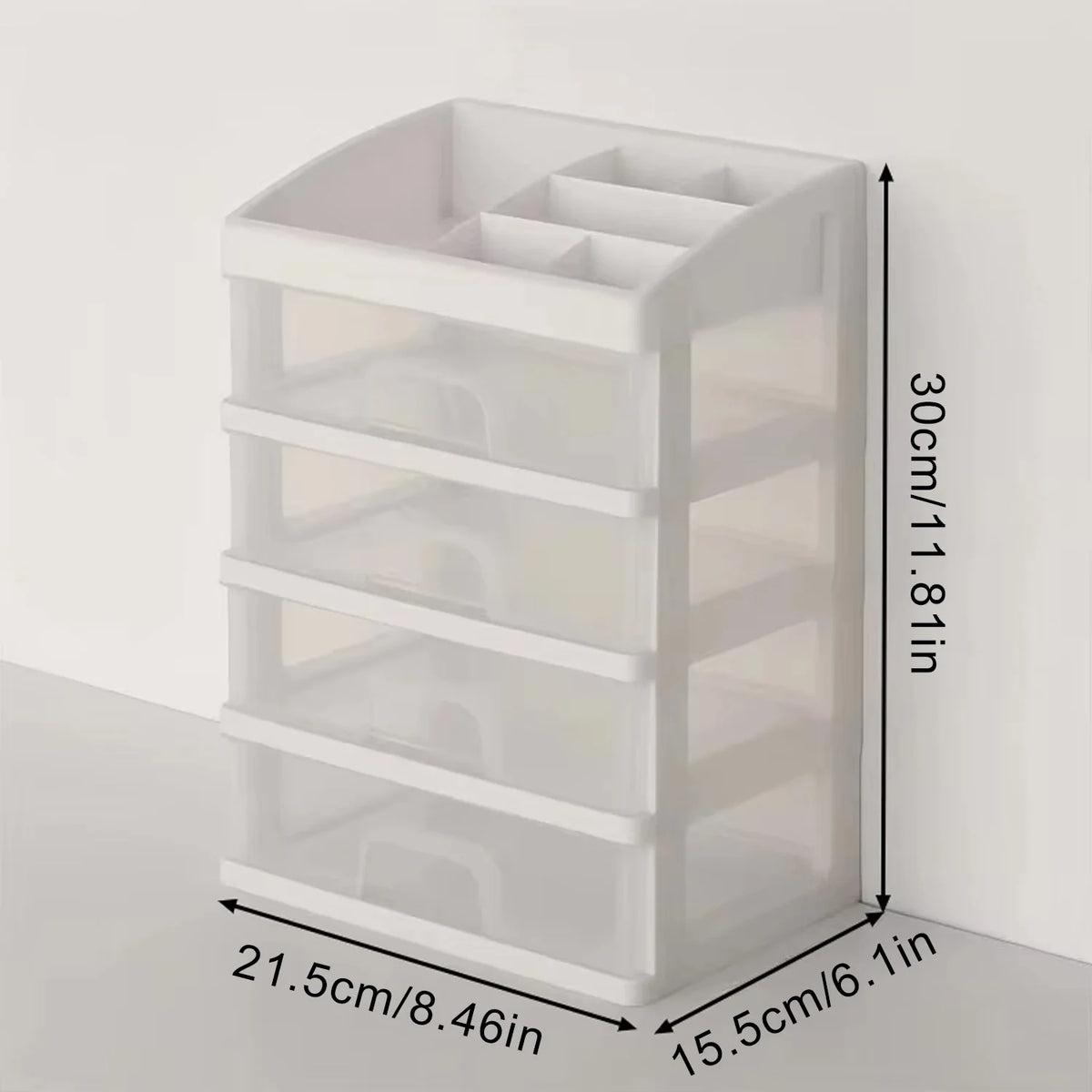 30x21.5x15.5CM White Cosmetic Storage Box with 4 Drawers and 6 Compartments Desktop Makeup Organizer for Jewelry Lipstick Brushes Large Opening Drawer Handle Fixing Clip Multi Function Skincare Office Bathroom Desk Tidy Space