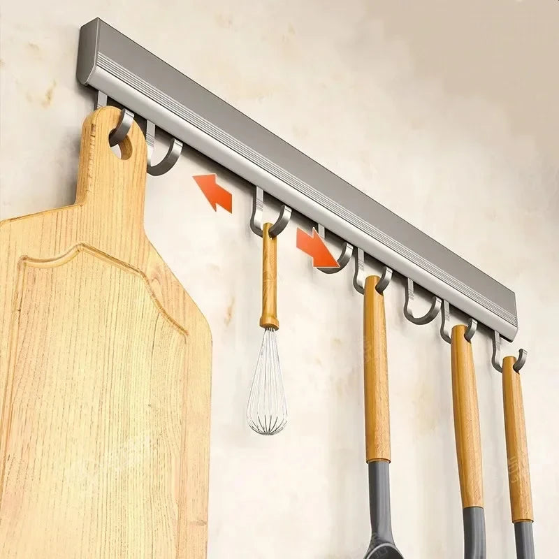 Estante de almacenamiento de cocina de aleación de aluminio con ganchos, montado en la pared, para utensilios de cocina, batas y toallas