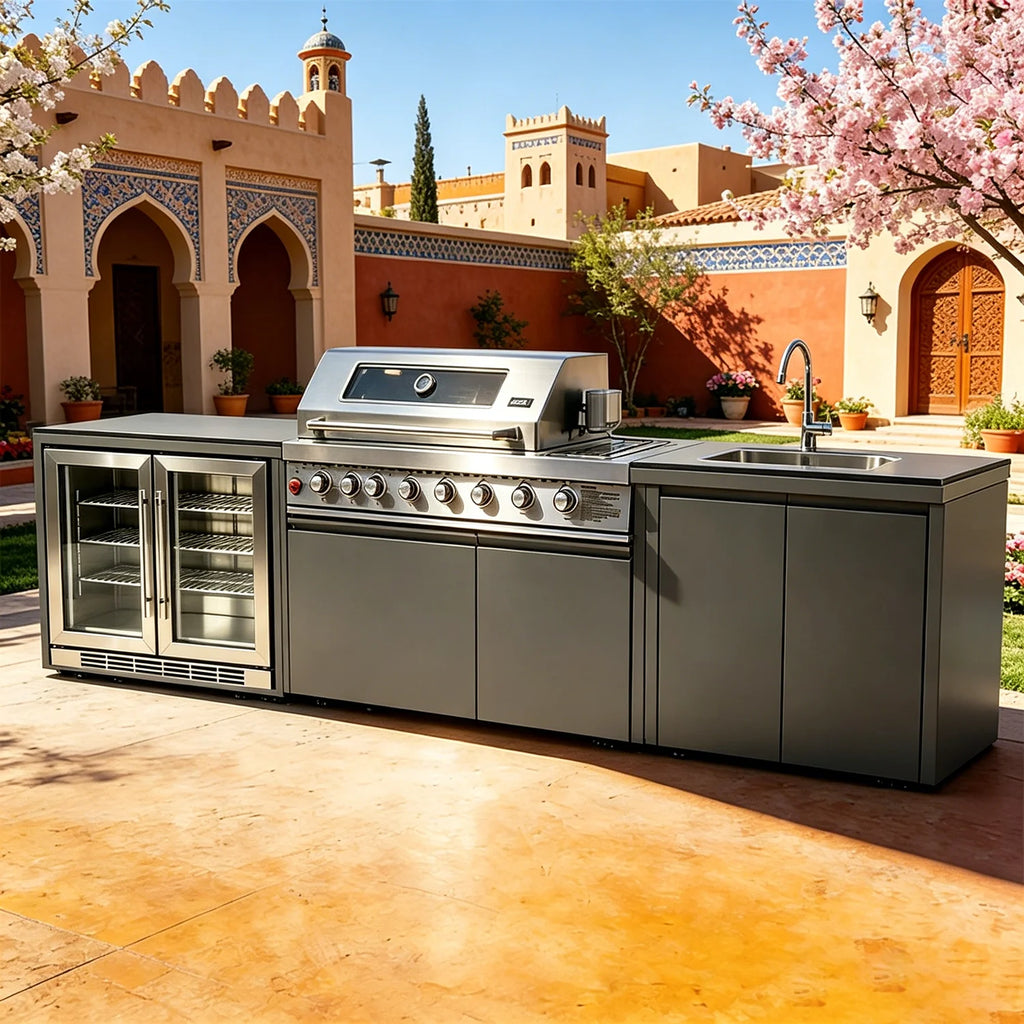 Full Kitchens ofrece cocinas de exterior completas, conjuntos de armarios duraderos con islas y carritos de cocina, conjunto de cocina para guisos.