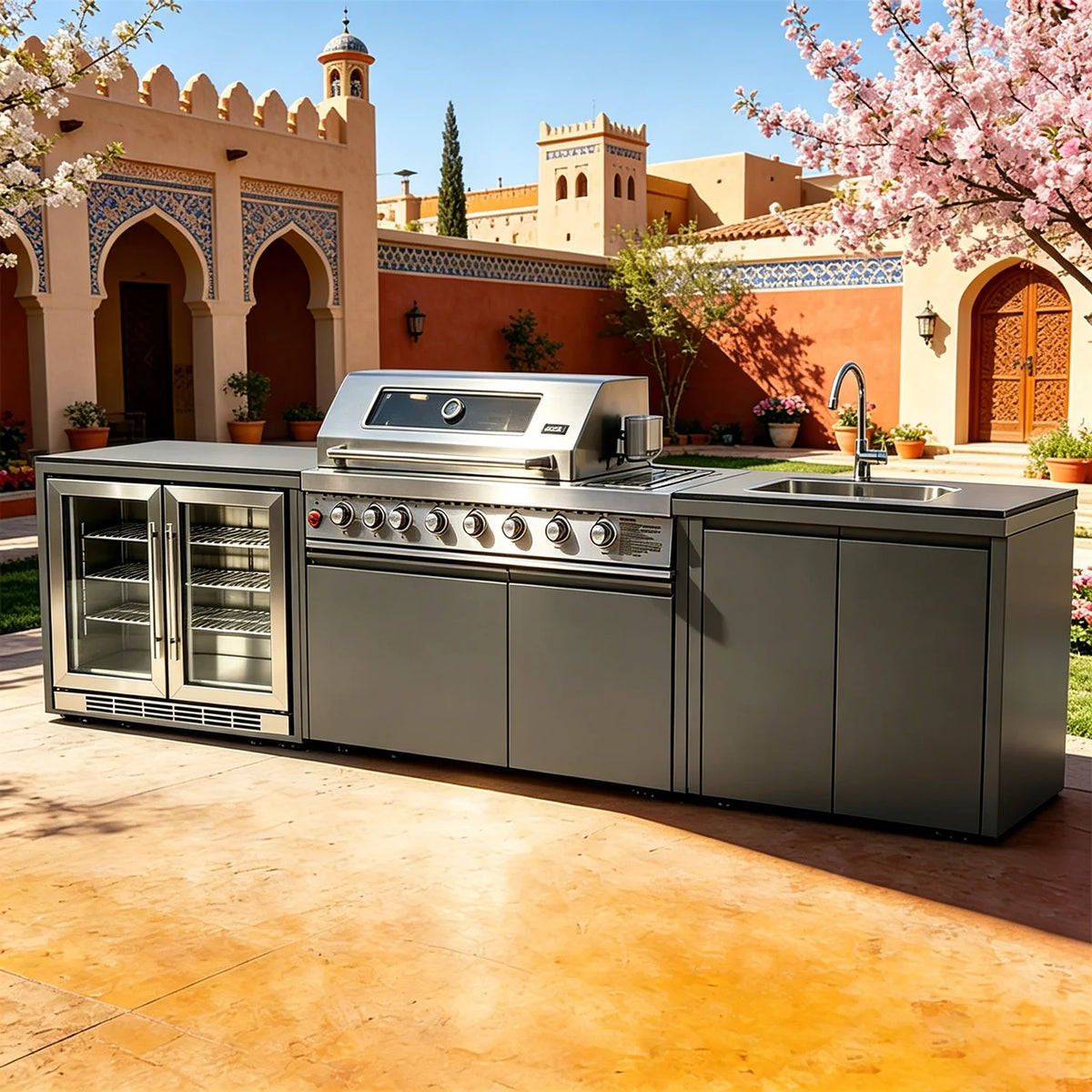 Full Kitchens ofrece cocinas de exterior completas, conjuntos de armarios duraderos con islas y carritos de cocina, conjunto de cocina para guisos.