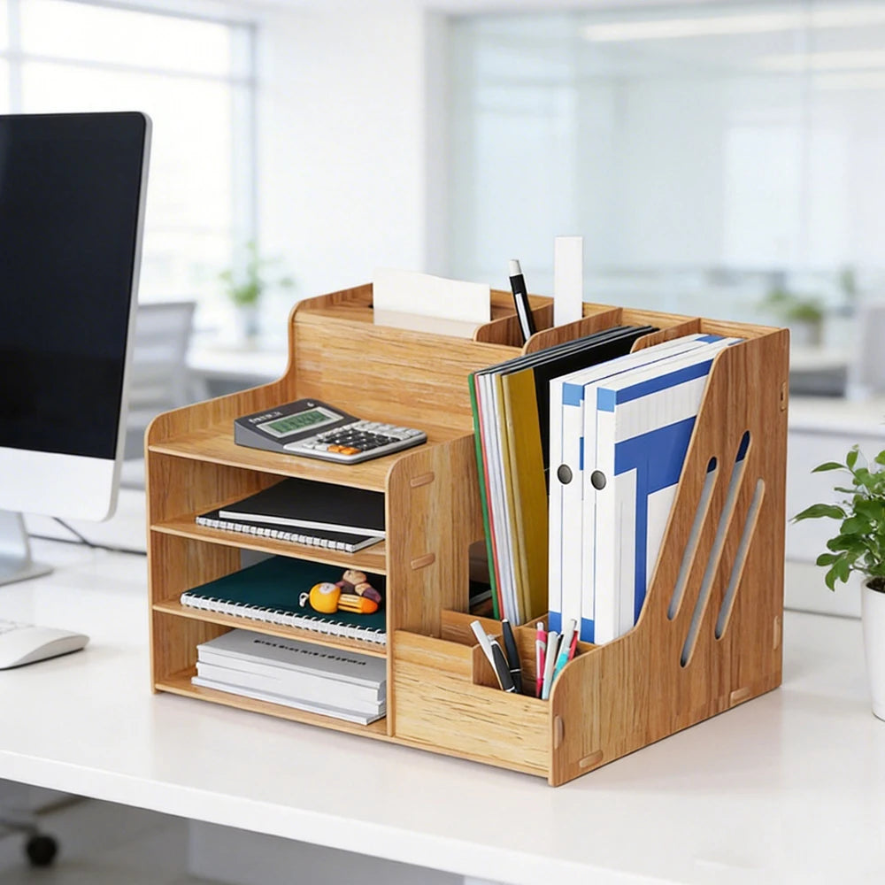 Wooden Desktop Organizer with Drawer and Compartments