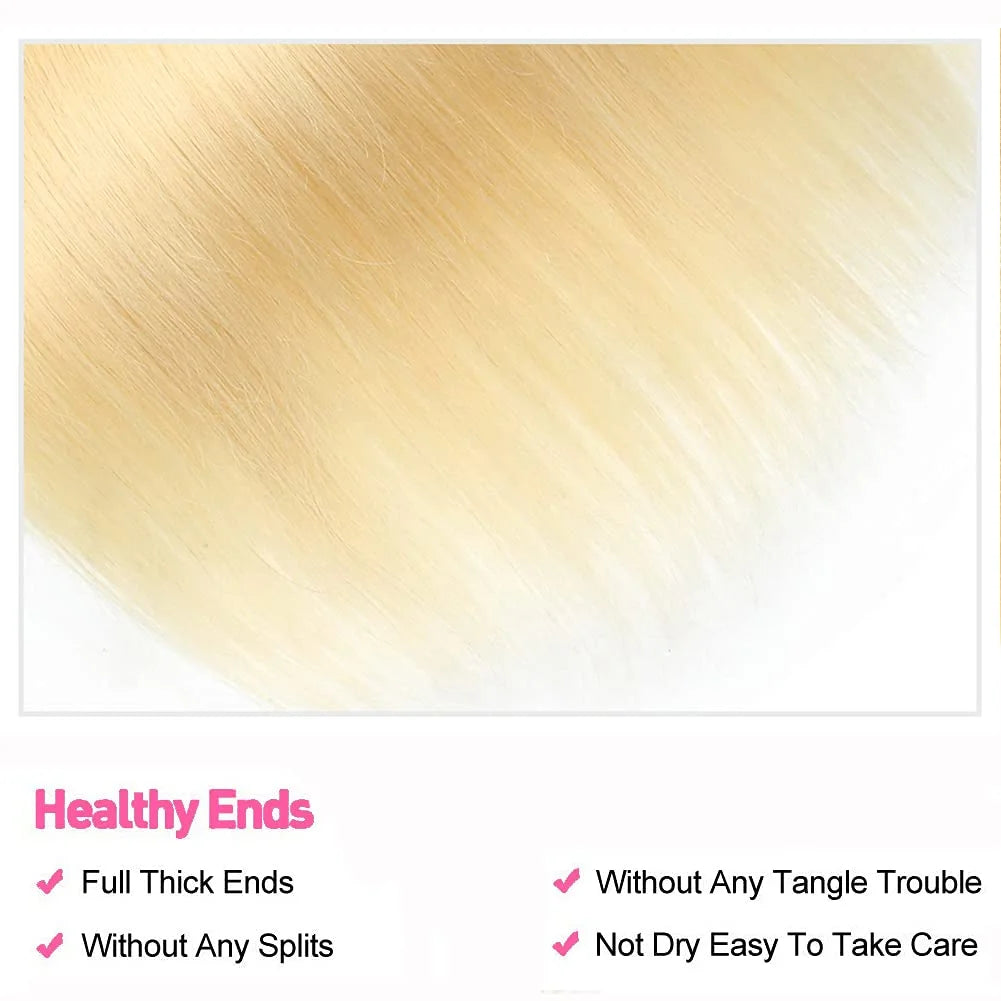 613 Straight Human Hair Bundles, 12A Unprocessed, 16, 18, 20 Inch, Blonde Human Hair Straight Weave Bundles Deal, 613 Straight Double Strong Weft Extensions, 613 Human Hair, 1/3/4 Bundles for Black Women