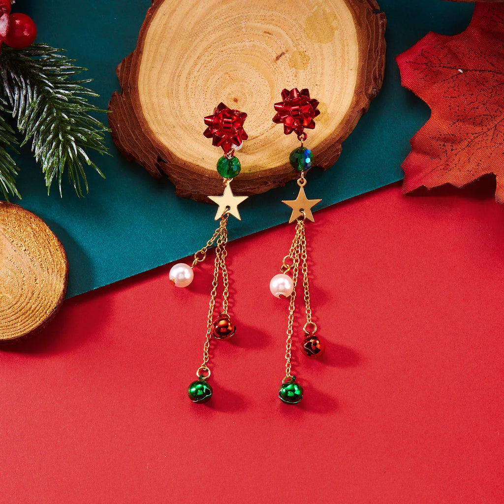 New Christmas Ribbon Star Long Tassel Earrings for Women Delicate Crystal Bowknot Hollow Bell Drop Earring Xmas Festival Jewelry