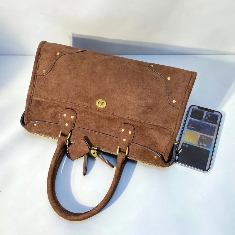 Vintage Faux Suede Boston Bags For Women Luxury Designer Handbag And Purse 2026 New In Riveted Lock Top Handle Underarm Shoulder