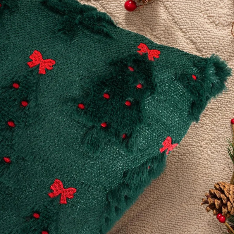 1/2 Stück Weihnachtskissenbezüge mit bestickter Schleife, Polyester-Flanell, Tannenbaumdesign, Sofakissen, festliche Partydekoration, nur Kissenbezug