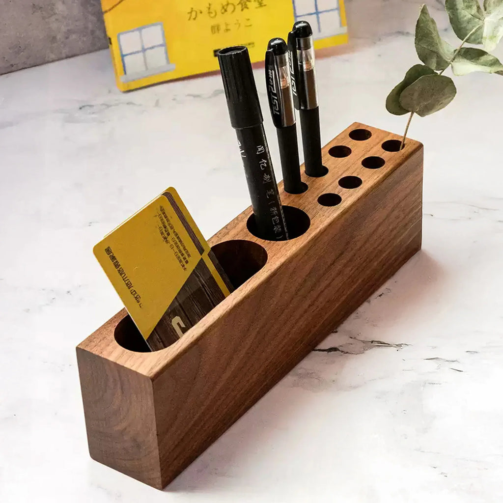 Acacia Wood Desk Pen and Business Card Holder