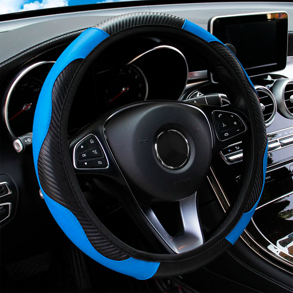 PU Carbon Fiber Leather Steering Wheel Cover Without Inner Ring, Suitable for 14.5–15-Inch Steering Wheels