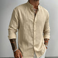 Men's Casual Shirt Henley Neck Cotton Linen Solid Color Button Down Long Sleeve Tops Lightweight Male Basic Style Dailywear