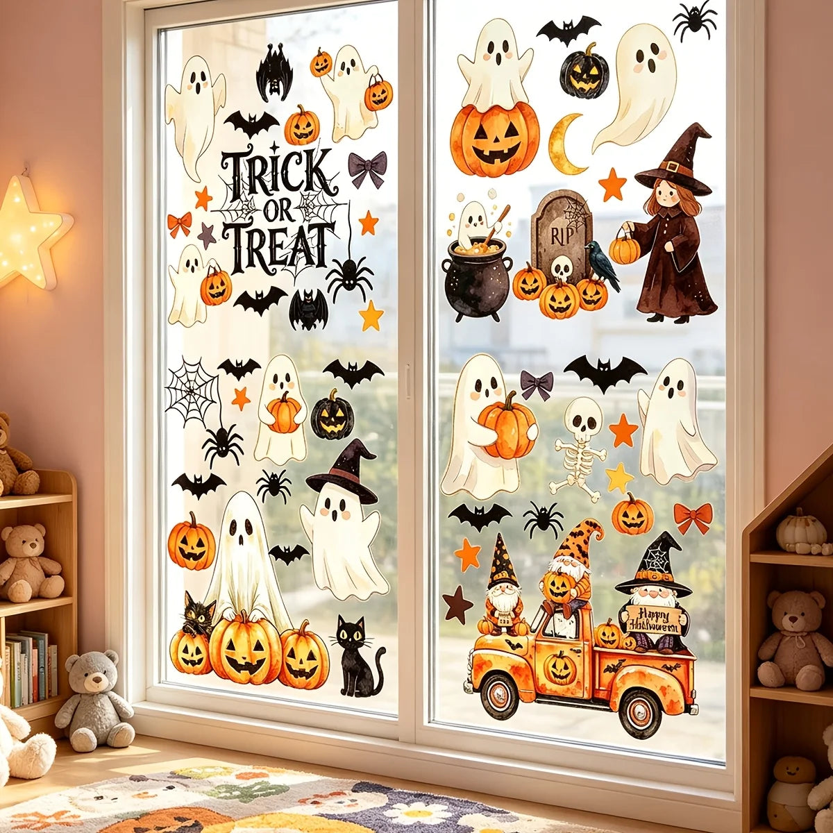 Adhesivos para ventanas de Halloween, decoraciones de Halloween, pegatinas decorativas de otoño para interiores | 6 hojas de adhesivos grandes para ventanas con fantasmas y calabazas