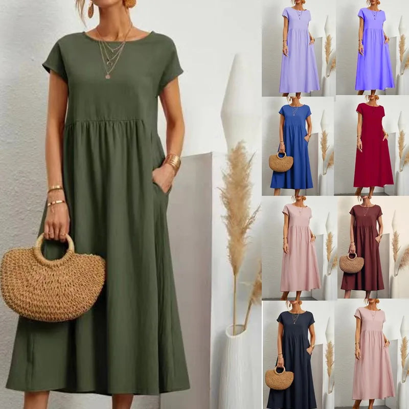 Abito midi da donna in cotone con scollo rotondo e linea morbida
