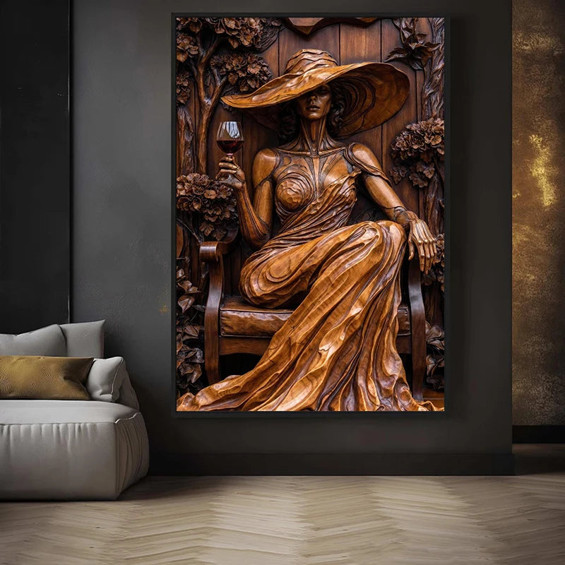 Affiche et impressions sur toile représentant une femme élégante et abstraite assise sur une chaise et buvant du vin, tableau mural pour la décoration intérieure, cuadros