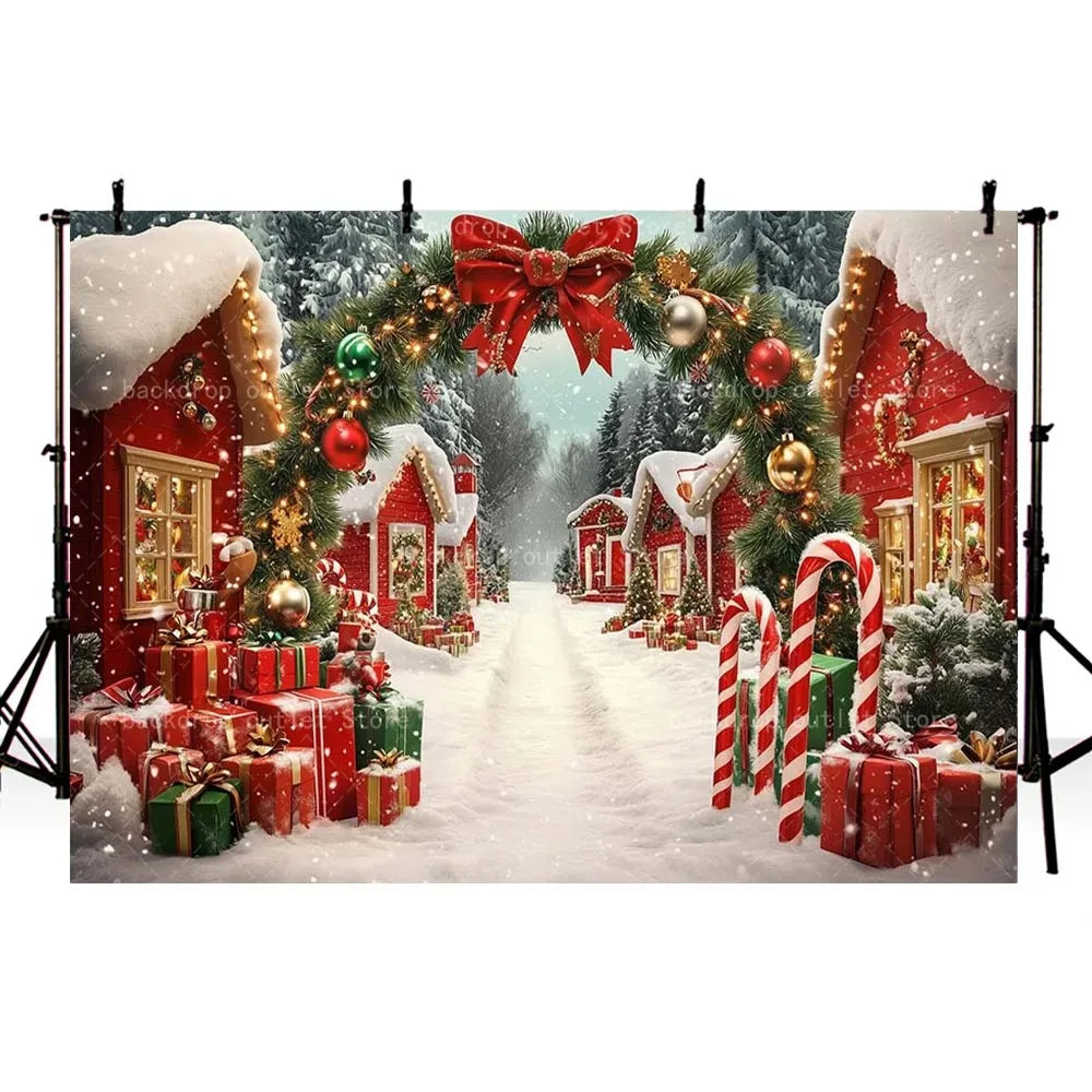 Winter Christmas Party Backdrops Snow Town Arch Door Xmas Tree Gift Decor Kids Portrait Photocall Photography Background