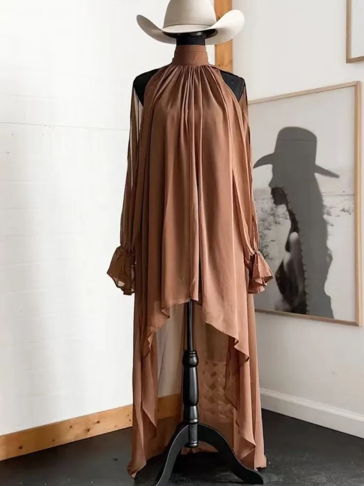 Abito midi da donna a collo alto e maniche lunghe