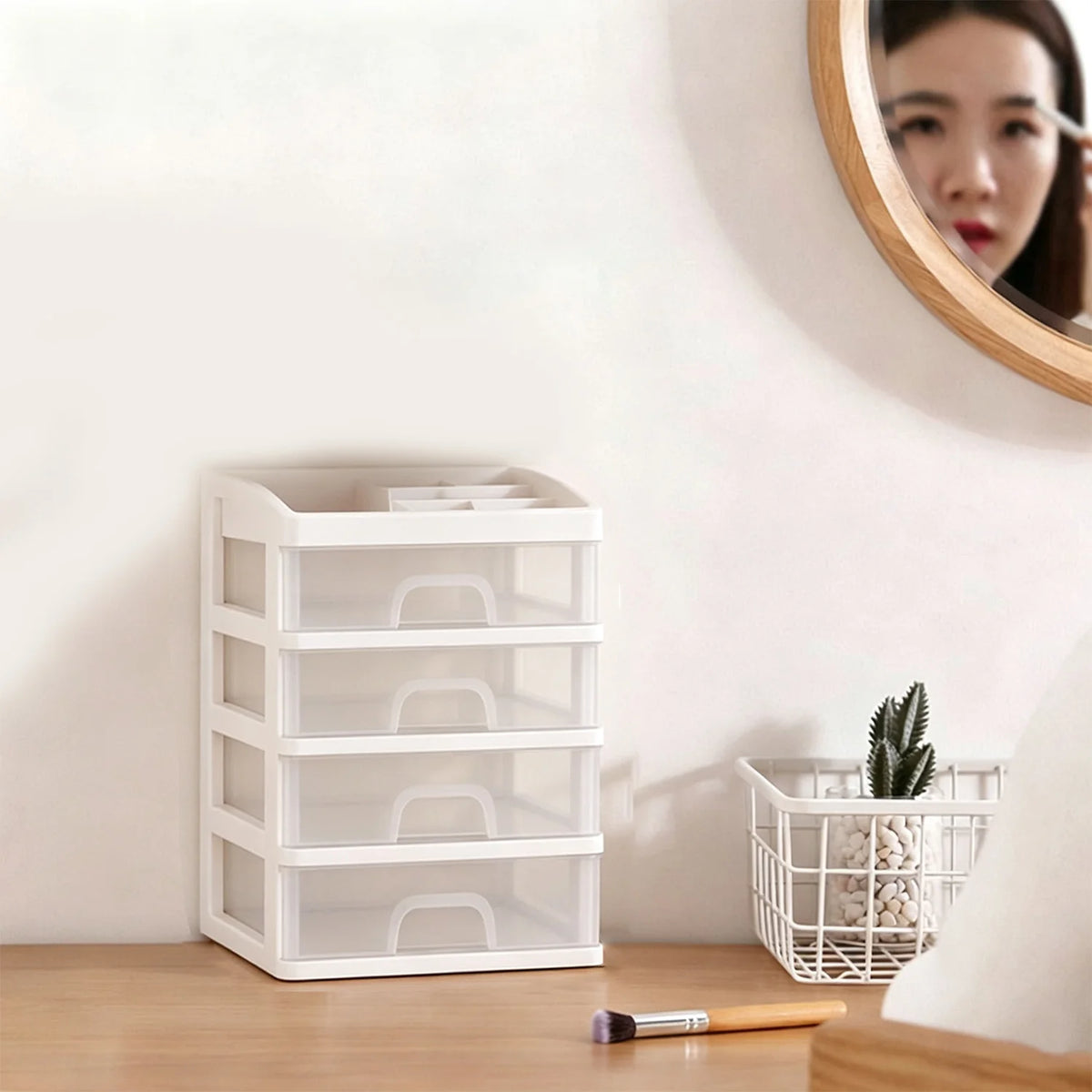30x21.5x15.5CM White Cosmetic Storage Box with 4 Drawers and 6 Compartments Desktop Makeup Organizer for Jewelry Lipstick Brushes Large Opening Drawer Handle Fixing Clip Multi Function Skincare Office Bathroom Desk Tidy Space