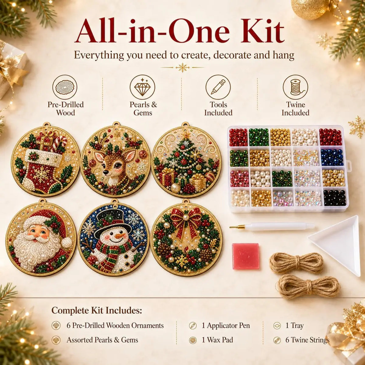 6Pcs Wooden Christmas Ornaments DIY Pearl Art Kits Hanging Diamond Art Christmas Tree Ornaments Set with Pearls Home Decoration