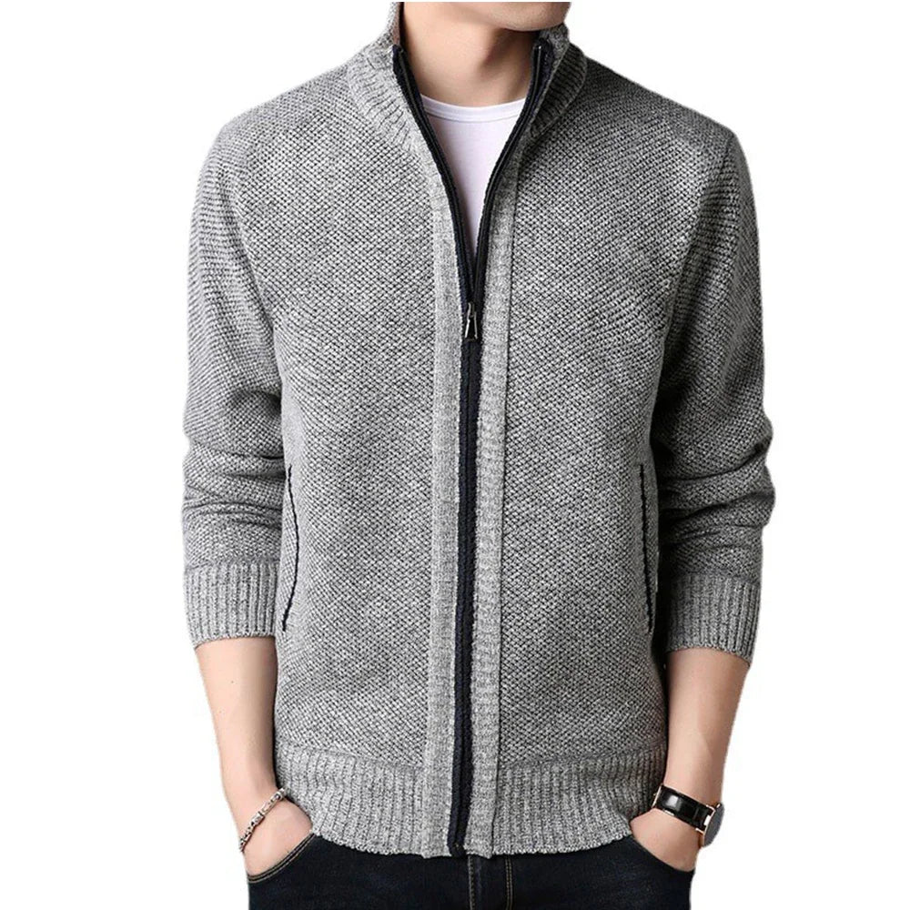 Men's Knitted Sweater Winter Thick Coat Long Sleeve Cardigan Stand Collar Fleece Male Zipper Blouse Causal Clothing for Autumn