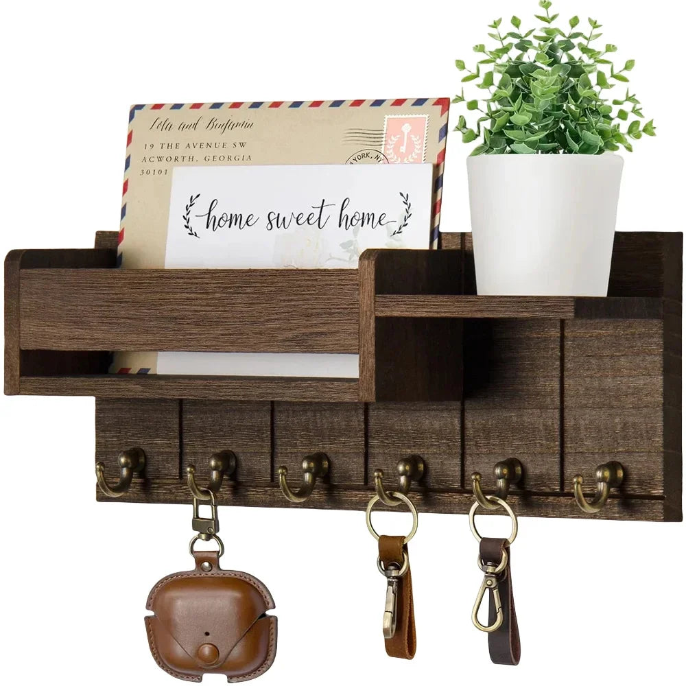 Wall-Mounted Wooden Key and Mail Holder with 6 Hooks