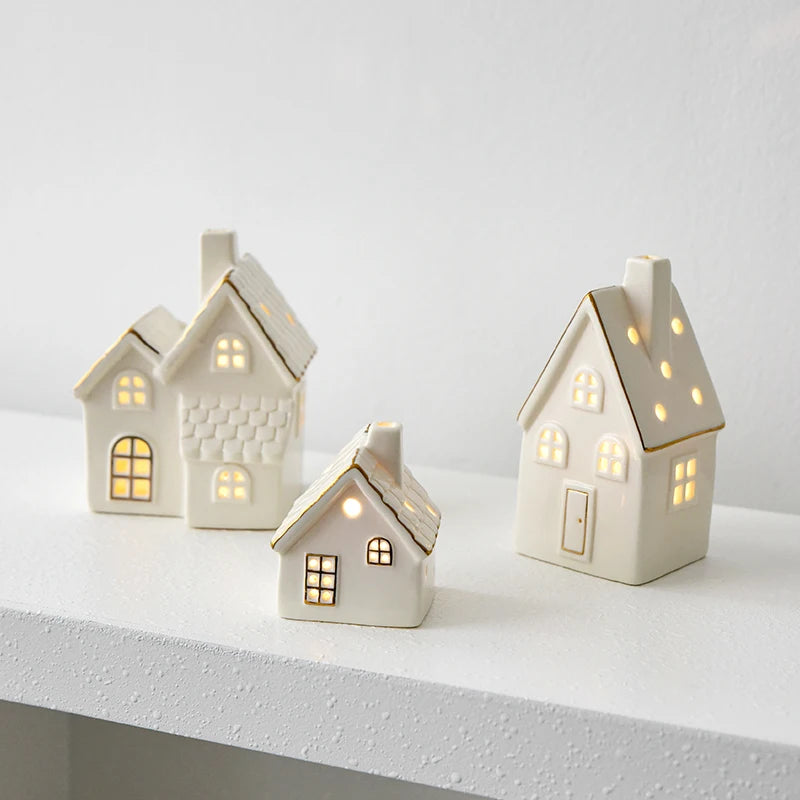 1pc Ceramic Light Up Snow House Christmas Ornament LED Cottage Xmas Tree Table Centerpiece Holiday Party Scene Decor Gift