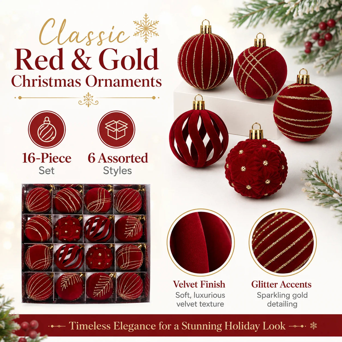 16 piece set of plush Christmas ball accessories, anti shatter and sparkling plush Christmas farmhouse Christmas tree decoration