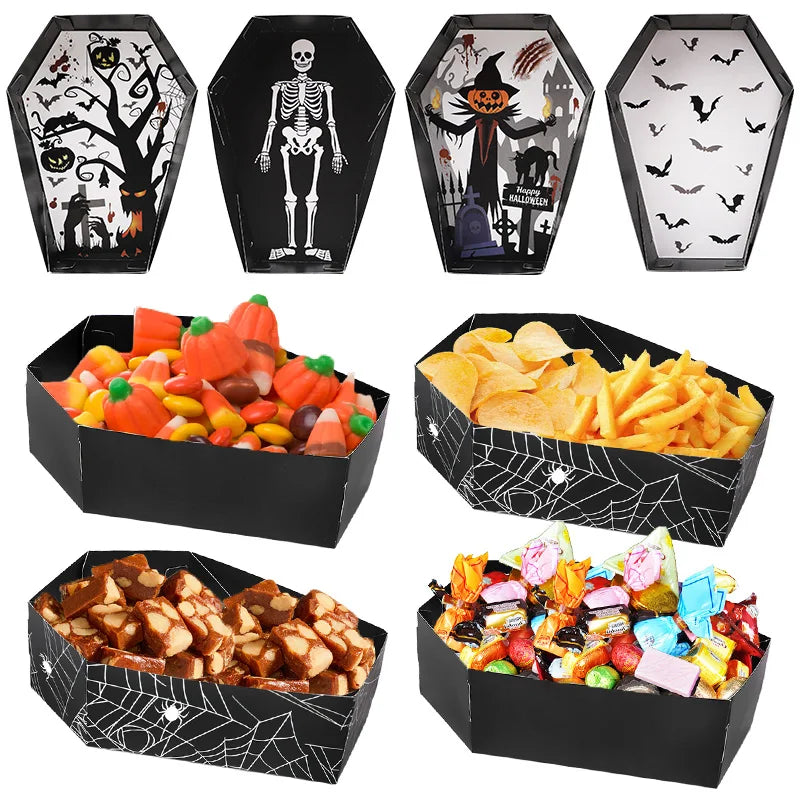 12/24 piezas Bandejas de papel con forma de ataúd para servir comida, cajas de regalo para caramelos, aperitivos y galletas, decoración y artículos para fiestas de Halloween de «truco o trato»